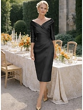 رخيصةأون طول الشاي-عامودي طول الساق فستان الحفلة فستان كوكتيل فستان زفاف ضيف فستان أم العروس نصف كم V رقبة أنيق عتيق فاخر رسمي ضيف حفل زفاف ساتان فساتين الجاكيتات مع طيات