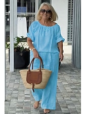 preiswerte Blusenanzüge für Damen-Damen Hosen-Sets Kunstbaumwollleinen Kurzarm Rundhalsausschnitt Einfarbig Mode Streetwear Lässig Täglich Outdoor Blau Schwarz Weiß Frühling &amp; Sommer Lässiger Schnitt