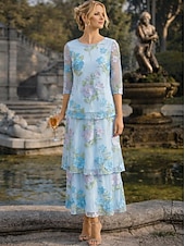 billige Ankellengde-A-linje Kjoler Ankellengde Festkjole Cocktail Kjole Kjole til brudens mor Halvlange ermer Øsehals Elegant Årgang Formell Bryllupsgjest Ferie Chiffon med Blomstertrykk Drapert Broderi