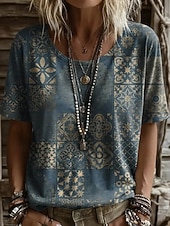 preiswerte Boho-T-Shirt-Damen T Shirt Druck Blumen Grafik Geometrisch Vintage Stilvoll Lässig Kurzarm Rundhalsausschnitt Normale Oberteile Lässig Täglich Wochenende Schwarz Rosa Staubiges Blau Braun Sommer Frühling