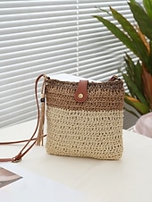 Недорогие Дорожные сумки для отдыха-Женская богемная соломенная сумка с кисточкой, регулируемым плечевым ремнем, два цвета (белый и хаки), легкая плетеная пляжная сумка, идеально подходит для отдыха, повседневной носки и летних прогулок.