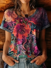 cheap Floral tee-Women's T Shirt Print Floral Graphic Plants Vintage Stylish Casual Short Sleeve Crew Neck Round Neck Regular Tops Casual Daily Blue Pink Purple Summer Spring