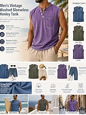  Ανδρικό vintage αμάνικο μπλουζάκι από 100% βαμβάκι, αμάνικο πουκάμισο Henley, καλοκαιρινό απλό, σχεδιαστής μόδας, βασικές τσέπες, κουμπιά, διακοπές, μαύρο μπλουζάκι για άνδρες