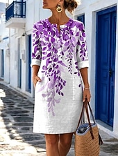 voordelige Bloemenjurk-Dames Knielengte jurk Casual jurk Vintage Casual Feestdagen Normale pasvorm Bloemig Grafisch Lange mouw Strakke ronde hals blauw Rood Paars Groen Zomer Lente