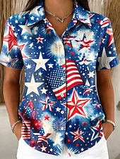  Dia da Independência Americana Mulheres Camisa Social Botões Imprimir Gráfico Bandeira americana Vintage à moda Moderno Manga Curta Colarinho de Camisa Tops regulares Casual Diário Azul Vermelho