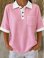  Mulheres Camisa Waffle Tops de verão Bolsos Botões Côr Sólida Bloco de cor Vintage à moda Sem Manga Colarinho polo Tops longos Casual Diário Ao ar livre Azul Amarelo Rosa Vermelho Verde Verão