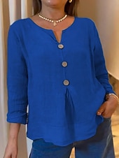 abordables Chemises-Femmes Chemise Chemise en coton et lin Chemisier Boutons Uni Élégant Classique Moderne manche longue Col en V Hauts Réguliers Quotidien Fête Sortir Bleu Noir Blanche Vert Abricot Été Printemps