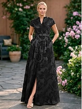 ieftine Rochii de seară în linie A-Linia -A Lungime Podea Rochie florala Rochii de seara Elegant Epocă Floral Manșon scurt În V Petrecere în grădină Nuntă Buzunar Satin Jaquard cu Franjuri Rochie cu fanta
