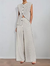 cheap Semi-formal / Cocktail-Striped Print Two Piece Pantsuit Mother of the Bride Pantsuit Classic Simple Minimalist Crew Neck Floor Length Metal Buttons Sleeveless with Sash / Ribbon