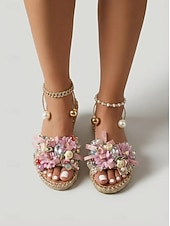 cheap Flat Sandals-Women's White Floral Embellished Flat Sandals, Open Toe Resort Slides with Pearl Detail for Vacation Dinner, Beach Party &amp; Summer Evenings