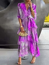 preiswerte Elegante Blumenkleider-Damen Midikleid Chiffonkleid Stufenkleid Druckkleid Mode Modern Urlaub Ausgehen Wochenende Normale Passform Abstrakt Kurzarm V Ausschnitt Blau Gelb Purpur Orange Sommer Frühling