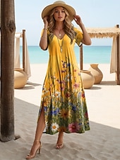  Per donna Abito Midi Abito a trapezio Abito Estivo Vacanza Casual Spiaggia Vestibilità regolare Floreale Grafico Manica Corta Scollo a V Blu Giallo Verde chiaro Rosa Estate Primavera