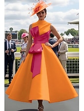 ieftine Rochii de seară cu talie empire-Haine Bal Lungime Gleznă Rochii de bal Rochii de seara Rochie De Bal Rochie formală Elegant 1950 Bloc de Culoare Fără manșon Gât Înalt Bal Invitat la nunta Satin cu Arc