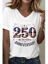  T-shirt patriotique pour femmes du Jour de l'indépendance 250e anniversaire américain graphique drapeau américain vintage élégant classique manches courtes col en V tops réguliers impression