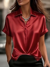 voordelige Effen t-shirt-Dames Satijnen overhemd Blouse Effen Kleur Elegant Stijlvol Basic Korte mouw Overhemdkraag Normale tops Casual Dagelijks Kantoor blauw Zwart Rood Abrikoos Zomer Lente