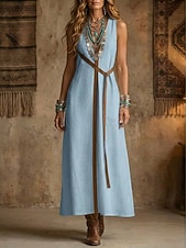 abordables Vestidos-Mujer Vestido maxi Vestidos con tacto de lino Vestido bohemio Vestido de Columpio Elegante Moda Moderno Exterior Festivos Noche Ajuste regular Bloque de color Sin Mangas Collar mandarín Blanco