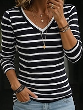 abordables Camiseta a rayas y geométrica-Mujer Camiseta A Rayas A Rayas Elegante Clásico Manga Larga Escote en Pico Tops regulares Casual Negro Blanco Primavera