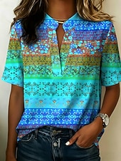 abordables Art &amp; Design Blouses-Femmes Chemisier Boutons Imprimé Graphique Géométrique ancien Élégant Moderne Demi Manches Col montant Hauts Réguliers Occasionnel Quotidien Bleu Jaune Violet Orange Été Printemps
