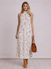 economico Abiti floreali-Per donna Abito Midi Vestito Estivo Abito a trapezio Vestito all'americana Abito a spalle scoperte Vacanza Festa Boho All'aperto Spiaggia Feste Floreale Grafico Senza Maniche All'americana Bianco