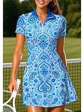 cheap Women's Tennis Dress-Women's Paisley Tennis Dress Short Sleeve Zipper Print Breathable Tennis Golf Badminton Collar Polo Collar Dress Blue and White Tennis Clothing