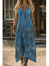 cheap Boho Dress-Women's Maxi Dress Boho Sundress A Line Dress Vacation Casual Boho Beach Going out Regular Fit Floral Graphic Short Sleeve V Neck Blue Light Green Summer Spring