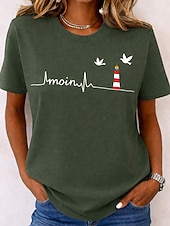 tanie koszulka w kwiaty-Damskie Podkoszulek Nadruk Kwiaty Graficzny Moda Elegancki Klasyczny Krótki rękaw Półgolf Okrągły dekolt Zwykłe topy Codzienny Weekend Niebieski Jasny beż Czarny Jasnozielony Zielony Lato Wiosna