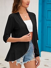 זול ז'קטים מזדמנים-בגדי ריקוד נשים ז'קט קז'ואל נוח נושם לגזור יום יומי אחיד חופשה רחוב לבוש יומיומי ליציאה חזית פתוחה רגיל ללא צווארון רגיל שרוול 4\3 הלבשה עליונה שחור לבן ורוד מסמיק אביב סתיו