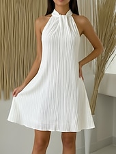 cheap Plain Dress-Women's Textured  Mini Dress Shift Dress Casual Dress Halter Neck Dress Elegant Fashion Modern Daily Vacation Going out Regular Fit Plain Sleeveless Halter Neck White Summer Spring