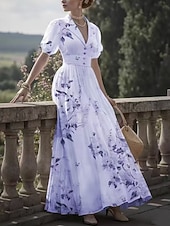 baratos Vestidos Florais-Mulheres Vestido Longo Vestido A Line Casual Ao ar livre Para Noite Normal Floral Manga Curta Decote V Rosa Roxo Damasco Verão Primavera