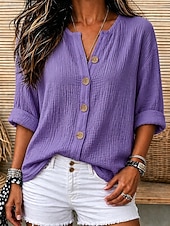 economico Camicie di Lusso-Per donna Camicie di cotone e lino Vacanza Casual Bianco Giallo Rosa Viola Azzurro Estate Primavera