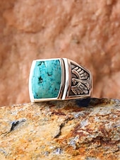 billige Menns smykker-Herre bohemsk ring i legering og turkis, vintage statement-signetring i flere størrelser for strandferie, uformelle sommerantrekk og hverdagsbruk