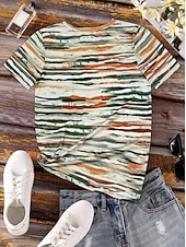 abordables Camiseta a rayas y geométrica-Women's T Shirt Print Graphic Geometric Striped Vintage Stylish Classic Short Sleeve Crew Neck Regular Tops Casual Daily Blue Light Green Pink Light Brown Black Summer Spring