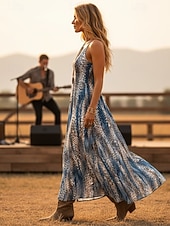  音楽フェスティバル レディース ミディドレス ウエスタン ボヘミアン ビーチ サンドレス Aラインドレス オフショルダードレス バケーション カジュアル 休日 外出 レギュラーフィット グラフィック 幾何学模様 抽象的 ノースリーブ Vネック レオパード