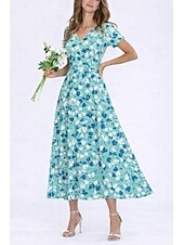 abordables Vestidos florales-Mujer Vestido Midi Vestido bohemio Vestido de verano Vestido informal Elegante Bohemia Vacaciones Playa Festivos Cita Ajuste regular Floral Graphic Manga Corta Escote en Pico Azul Piscina Rosa Verde