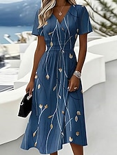 cheap Elegant Floral Dresses-Women's Midi Dress A Line Dress Vacation Casual Boho Regular Fit Floral Graphic Short Sleeve V Neck Blue White Purple Orange Summer Spring