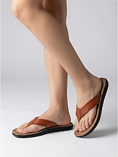 abordables Mujeres-Sandalias de dedo color marrón claro para mujer: chanclas cómodas y acolchadas con tiras de piel sintética para vacaciones en la playa y viajes de verano. &amp;Relajación informal al aire libre