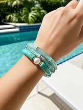 billige Damearmbånd-Bohemsk 3-delt armbåndssett i akryl for kvinner, elastiske, stabelbare armbånd, perfekt for strandferie, hverdagsbruk og sommertilbehør