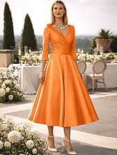 preiswerte Cocktailkleider-A-Linie Tee-Länge Cocktailkleider Partykleider Elegant Vintage Übergröße Dreiviertelarm V Ausschnitt Hochzeitsgast Satin mit Falten