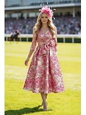 preiswerte Cocktailkleider-A-Linie Knöchellänge Cocktailkleider Partykleider Elegant Vintage Kurzarm V Ausschnitt Hochzeit Formell Jacquard mit Schleife(n) Tasche