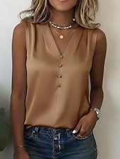  Pentru femei Top din satin Bluză Nasturi Culoare solidă Stilat De Bază Casual Fără manșon În V Topuri obișnuite Casual Zilnic Albastru piscină Alb Bleumarin Kaki Caisă Vară Primăvară