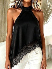  Pentru femei Maiou din satin Tricou Tee Top Dantelă Peteci Simplu Elegant Modă Stilat Fără manșon Gâtul halter Topuri obișnuite Casual Zilnic Ieșire Negru Roșu Vin Maro Bej Vară Primăvară