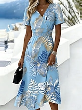 Χαμηλού Κόστους Casual Floral Φορέματα-Γυναικεία Μίντι φόρεμα Φόρεμα ριχτό Διακοπές Καθημερινό Μπόχο Καθημερινά Καλοκαιρινό φόρεμα Ανοιξιάτικο φόρεμα Κανονικό Φλοράλ Γραφική Κοντομάνικο Στρογγυλή Ψηλή Λαιμόκοψη Λαιμόκοψη V