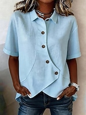 economico Camicie Finte Essenziali-Per donna Blusa Finto cotone e lino Bottoni Tinta unica Essenziale Casual Manica Corta Colletto a Camicia Top Regolari Quotidiano Blu Bianco Albicocca Estate Primavera