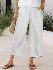  Mulheres Calças com toque de linho Calças Capri Calças Shorts de verão Férias Moda Básico Comprimento total Cintura Alta Côr Sólida Tecido Bolsos Perna larga Cintura elástica Conforto Macio Respirável