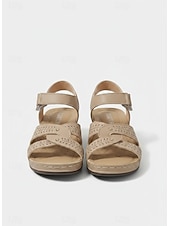abordables Sandales Plates-Sandales compensées beiges pour femmes avec bride auto-agrippante et design découpé, chaussures à bout ouvert confortables pour la marche, les voyages d'été et les tenues décontractées au quotidien