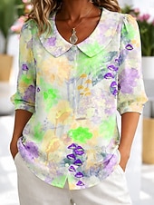 abordables Blouses Florales-Femmes Chemise ancien Élégant Manche 3/4 Col Rond Claudine Hauts Réguliers Quotidien Travail Fête Bleu Rose Claire Violet Vert Été Printemps