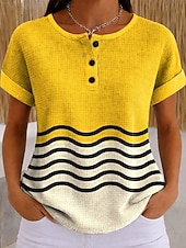  Kvinnors våffel T-shirt tryck bröstknappar grafisk geometrisk rutig stilren klassisk modern kortärmad Henley långa toppar daglig blå gul rosa röd ljus lila sommar vår