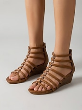 cheap Gladiator Sandals-Women's Brown Wedge Gladiator Sandals – Strappy Open Toe Summer Shoes with Cushioned Comfort, Lightweight Fashion Sandals for Travel, Walking, Beach &amp; Everyday Wear