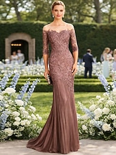 tanie Suknie wieczorowe syrenki-Syrena Tren sweep Suknia Suknia wieczorowa Sukienka dla matki panny młodej Rękaw 1/2 Łódeczka Elegancja Formalny Gość weselny Koronka Tiul z Haft nakładany