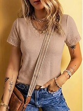cheap Plain tee-Women's Waffle T-shirt Lace Splicing Top Tee Top Elegant Stylish Short Sleeve V Neck Regular Tops Casual Going out Vacation Wear Blue Black White Green Apricot Summer Spring
